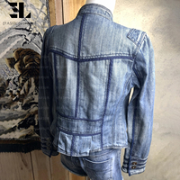 Veste Bomber en Jean Délavé Style Napoléon LARSUR, Coupe Slim, Col Montant, pour Moto, Veste Hussar en Jean Court