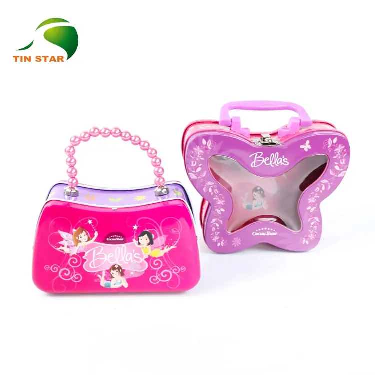 irregular shaped butterfly handle metal gril gift tin box with PVC window