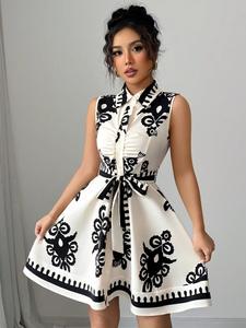 Vestido Midi Elegante de Verano para Mujer 2026, Sin Mangas, Estampado Floral, Cintura con Lazo, Cuello Camisero, Estilo Línea A, Dropshipping Shopify - Product Image 3