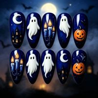 Faux ongles à presser Halloween – Autocollants fantaisie pour ongles, motifs fantômes, citrouilles, lanternes, chauves-souris, crânes – Ongles portables tendance