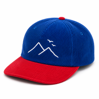 Casquette 5 panneaux non structurée en velours côtelé bleu avec bord rouge contrastant, logo brodé personnalisé, pour les vendeurs de marchés aux puces
