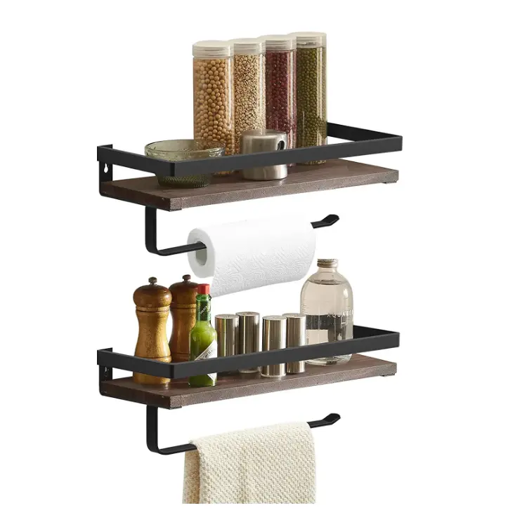 set of 2 brown floating shelves wall mounted storage shelves with towel rack rails bar