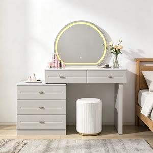 Full Cream <b>Vanity</b> Set Irregular Cloud LED Mirror Chest Hidden Handle Vertical Fluted Gold Base Stool Walk-in Closet Makeup Desk - Product Image 1
