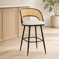 Tabouret de bar rembourré personnalisable avec dossier en cannage, assise grise, cadre noir, repose-pieds, pour café, restaurant, comptoir