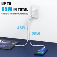 Cargador de pared de enchufe plegable de carga rápida portátil universal de 65W Gan 45W + 20W Dual tipo C PD para iPhone iPad