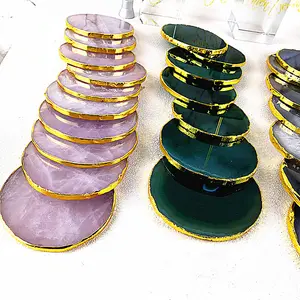 紫色黑色珍贵蓝色天然混合金色边缘绿色酒杯蜡烛树脂片水晶玛瑙宝石杯垫套装