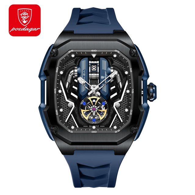 POEDAGAR 694 Racing Engine Concept Watch Men Tonneau Skeleton Quartz Watch Luminous 3ATM Silicone Strap Sports Wristwatch Gift
