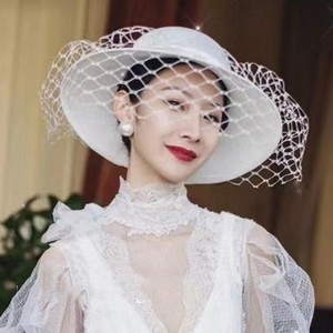 Nouveau rétro femmes blanc bowknot protection UV église seau chapeaux de soleil Kentucky Derby dames <span class=keywords><strong>chapeau</strong></span> de <span class=keywords><strong>mariage</strong></span> pour la mariée avec voile en maille - Product Image 6