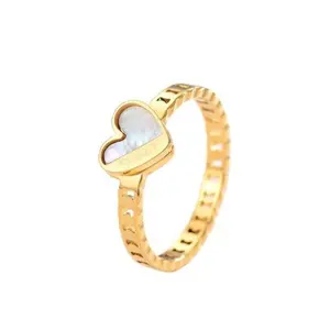 Yiwu Aceon Stainless Steel Geometric Pattern Cut Out Hollow Waved Edge Band Top Center White Shell Heart Ring