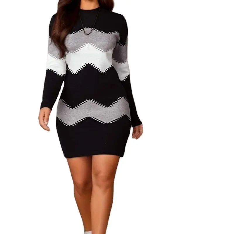 ladies sexy slim knit dress long sleeve plus size women's splicing hip bottoming dress for winter