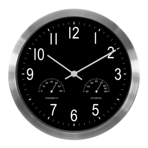Reloj de pared profesional de 10 pulgadas con esfera negra, marco de aluminio, con termómetro y higrómetro para oficina de abogados - Product Image 1