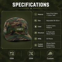 Casquette 5 panneaux sportive en sergé de coton, style Oxford camouflage, avec logo patch tissé, réglable, personnalisable en usine OEM, vente en gros