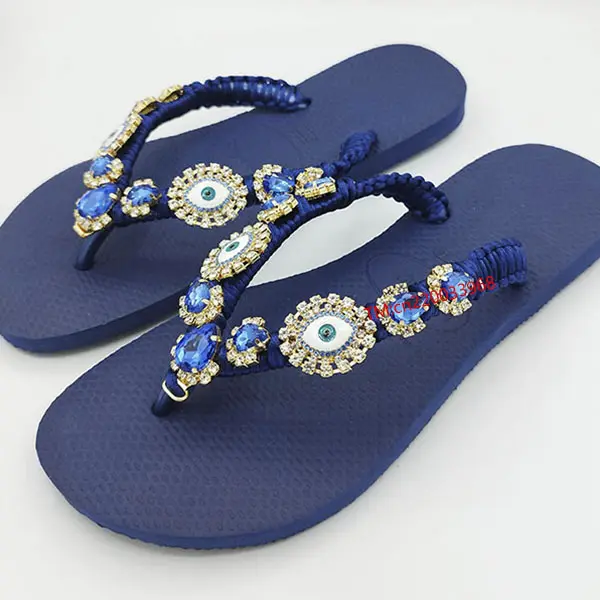 Üretici akrilik v şekli metal suni elmas cam mavi nazar ayakkabı tokaları ve aksesuarları için ayakkabı süslemeleri flip flop