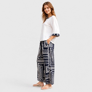 Ensemble 2 pièces en lin mélangé à imprimé <span class=keywords><strong>labyrinthe</strong></span> géométrique pour femme, haut à manches 3/<span class=keywords><strong>4</strong></span> et pantalon large décontracté - Product Image 1