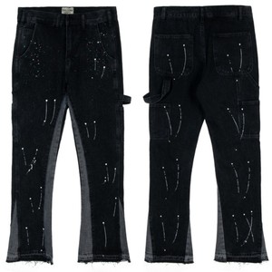 Vaqueros acampanados de hombre, 100% algodón, teñidos a mano, con microrasgaduras, resistentes a la decoloración, corte ajustado y largo, estilo americano High Street, con efecto desgastado. - Product Image 2