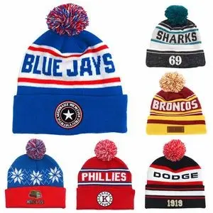 Wholesale Winter Knitted Bobble Hat Woven Embroidery Logo Pom Pom Beanies For Adults