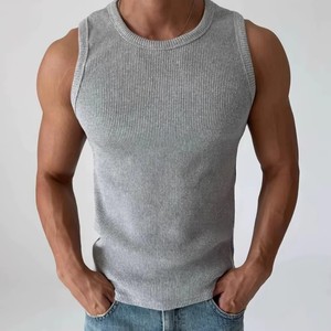 <span class=keywords><strong>Camiseta</strong></span> sin mangas de <span class=keywords><strong>gimnasio</strong></span> acanalada elástica con bordado de LICRA y algodón con cuello redondo y logotipo personalizado para hombre - Product Image 4