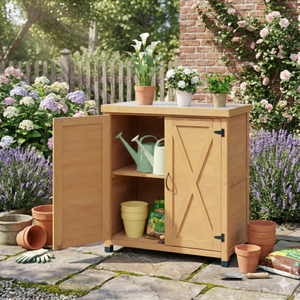 Outdoor Potting <b>Bench</b> <b>Garden</b> Storage Cabinet Metal Top Work Station <b>Table</b> Patio Plant Care Station - Product Image 6
