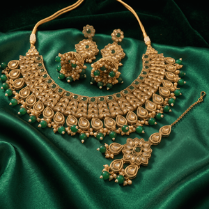Elegant Kundan Antique Gold Plated Green Emerald <b>Rope</b> <b>Chain</b> Choker Necklace Set Matching Earrings Maang Tikka Engagement Wear - Product Image 1
