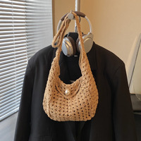 Sac Hobo au Crochet pour Femme, Sac à Bandoulière en Coton Tressé Ouvert, Fourre-tout à Rabat avec Bouton Perlé et Motif Treillis, Sac Style Parisien