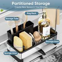 Organisateur d'évier de cuisine multifonctionnel en acier inoxydable avec distributeur de savon à vaisselle, support pour éponge et barre porte-serviettes