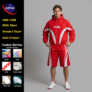 QZFSO Custom OEM <b>Men's</b> Hooded Windbreaker <b>Jacket</b> and Shorts Set Nylon <b>Lightweight</b> Sportswear Streetwear Two-Piece Tracksuit - Product Image 1
