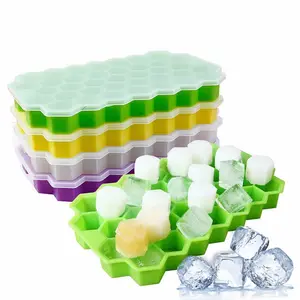 Forma de cubo de gelo reutilizável, 37 cavidades, favo de mel, molde de silicone comestível, bandeja do gelo com tampa