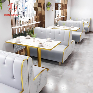 Nội thất nhà hàng sang trọng đặt ghế sofa da màu xám với viền vàng và bàn vuông bằng đá cẩm thạch với ghế cho quán cà phê - Product Image 3