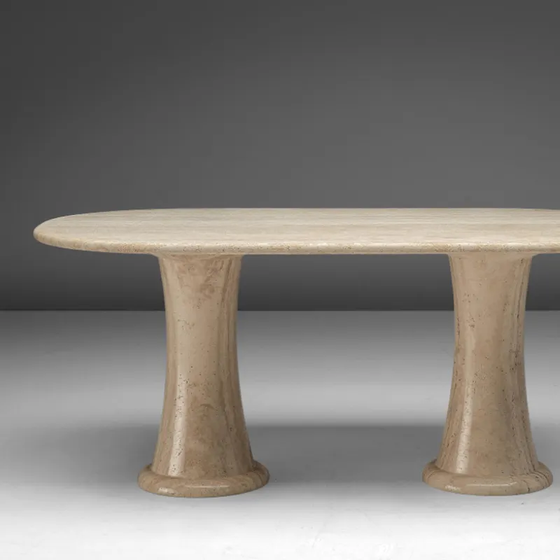 HZX disesuaikan batu alam kualitas tinggi bentuk Oval dasar bergalur meja makan Beige Travertine batu meja makan