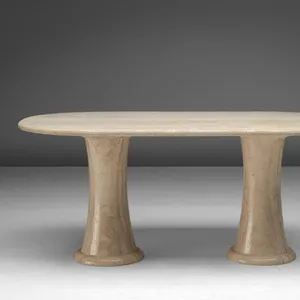 HZX定制天然石材高品质椭圆形凹槽底座大理石餐桌米色石灰华石材餐桌