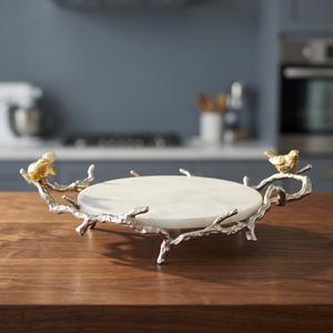 Bandeja Decorativa Ovalada de Metal con Marco de Ramas Plateadas y Pájaros Dorados, Diseño Rústico - Product Image 5