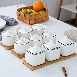 Ensemble de pots à épices en céramique blanche, avec couvercle et cuillère, rond et carré, personnalisé, pour assaisonnement, sel et sucre, cuisine - Product Image 5