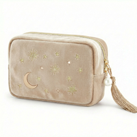 Pochette cosmétique en velours brodée sur mesure pour la vente en gros, avec fermeture éclair à pompon, étui de rangement pour maquillage, trousse de maquillage pratique