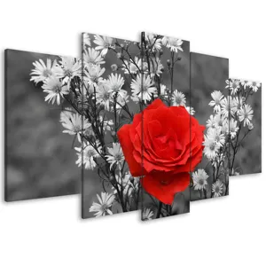 Pintura en lienzo de 5 rosas rojas, arte de pared en blanco y negro, póster modular, impresión, decoración de imagen