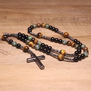 Collar de Rosario Católico de Piedra Natural Ojo de Tigre con Colgante de Cruz de Hematita para Hombres y Mujeres, Joyería de Meditación - Product Image 6