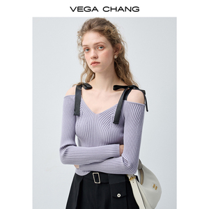 Suéter de Punto de Lana con <span class=keywords><strong>Cuello</strong></span> en V y Hombros Descubiertos para Mujer, Estilo Suave, Color <span class=keywords><strong>Lila</strong></span> con Lazos Negros, <span class=keywords><strong>Cuello</strong></span> <span class=keywords><strong>Alto</strong></span>, Marca VEGA CHANG, Nueva Colección de Primavera - Product Image 2