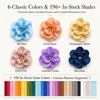 Vente en gros de mini fleurs de camélia en satin personnalisées avec boucle élastique multicolore, boîte cadeau pour décoration de serviette ou flacon de parfum