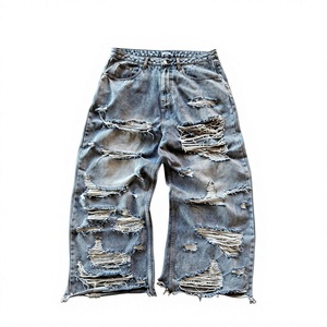 Pantalones Cargo de Mezclilla Negros, Corte Holgado, con Bolsillos con Cremallera, Bordes Deshilachados, Estilo Vintage, Jeans para Hombre - Product Image 1