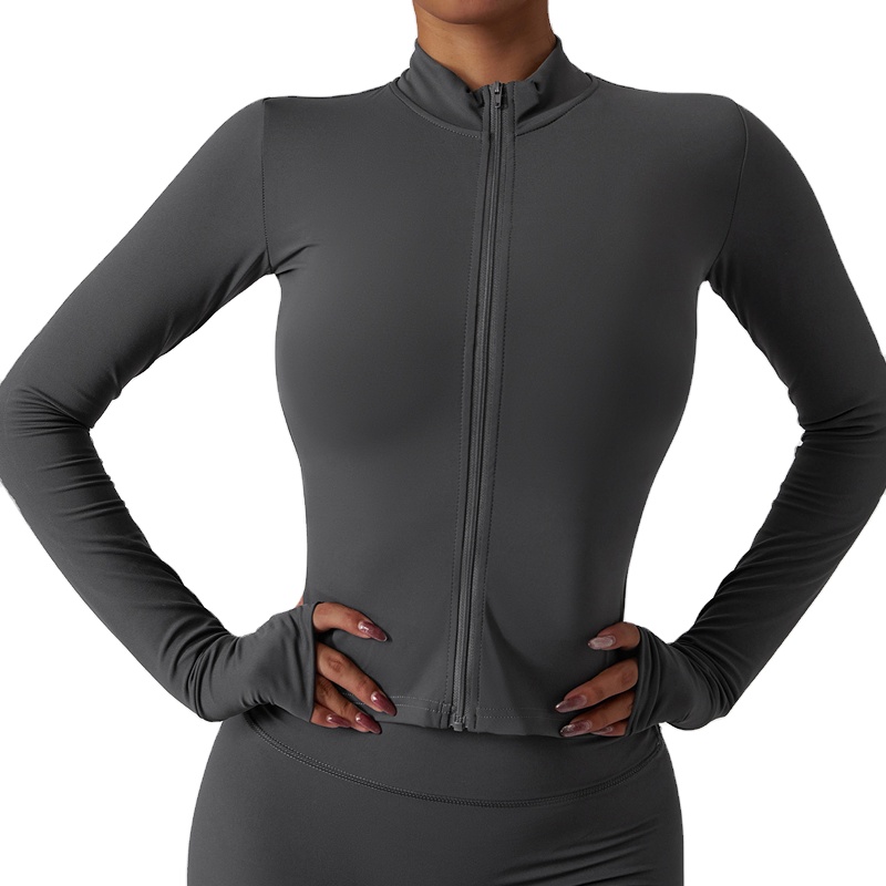 New Arrival Front Zipper Quick Dry Tight Long Sleeve Yoga Top Yoga Wear With Thumb Hole