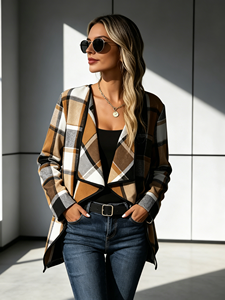 Women Plus Size Vintage Plaid Print Collar <b>Cardigan</b> Casual Standard Open Front Coat for Autumn Daily Outfit - Product Image 1