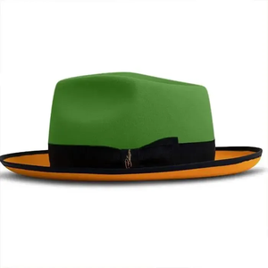 Green Wool Felt Fedora <b>Hat</b> With Black <b>Band</b> And Orange Brim Unisex Adult Size 56-58CM Spring Summer Casual European Style - Product Image 1
