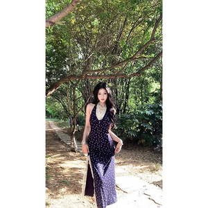 Korean Style Lace Patchwork Floral Print Halter Long Dress Tight Waist Beach Leisure Casual Dress - Product Image 2