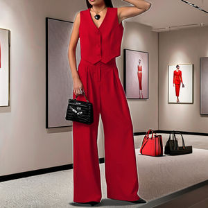 Top Casual da donna elegante in tinta unita con motivo tinta unita in due pezzi senza maniche con decorazione a bottoni per l'estate a lunga trama - Product Image 4