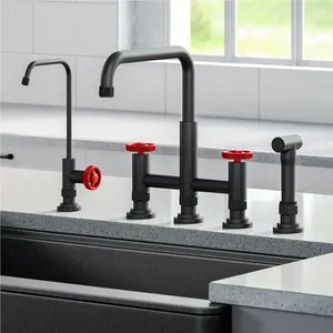 European Black Dual Handles Cold Hot Water Kitchen Tap Transitional Bridge Kitchen Faucet