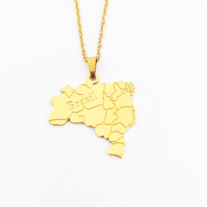 Collar de Cadena de Acero Inoxidable Chapado en <span class=keywords><strong>Oro</strong></span> de 18K, Colgante de Corazón Portugués de Brasil, Mapa de Río de Janeiro, Brasilia - Product Image 1