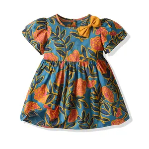 トレンディなデザインのキッズフローラルドレスパフ半袖かわいい弓夏の花の女の子のドレス3-8歳