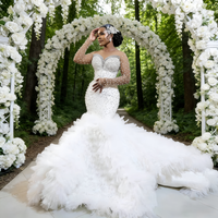 Gaun Pengantin Modern Elegan Model Mermaid dengan Bunga Renda, Kerah V, Lengan Panjang, Ukuran Besar