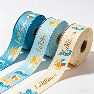 Ruban gros-grain avec logo estampé à chaud, motif plage, soleil et cocotier, pour boîte cadeau de vacances et décoration florale - Product Image 1
