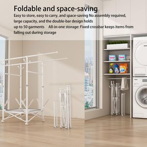 Séchoir à linge pliable et portable <span class=keywords><strong>avec</strong></span> roulettes, double tringle extensible réglable pour un gain de place - Product Image 2