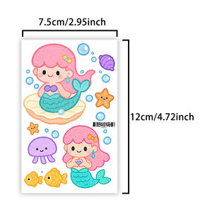 1 jeu de 6 feuilles de tatouages temporaires à paillettes colorées autocollant mignon sirène dessin animé <span class=keywords><strong>tatouage</strong></span> étanche pour visage bras jambe - Product Image 2